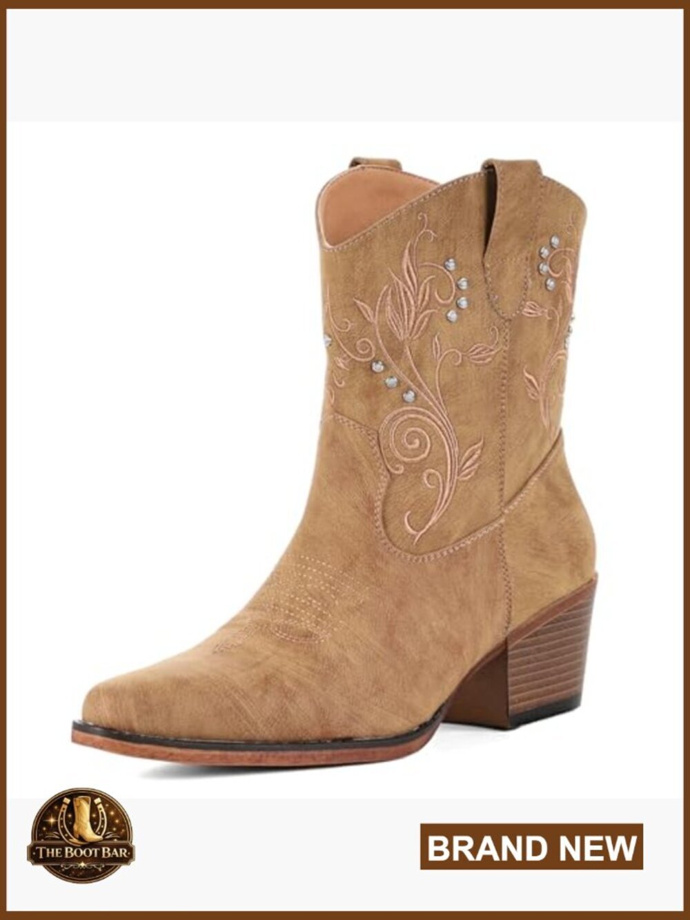Women's Ankle Cowboy Boots Chunky Heel Embroidered Rhinestone Snip Toe - Picture 4 of 7